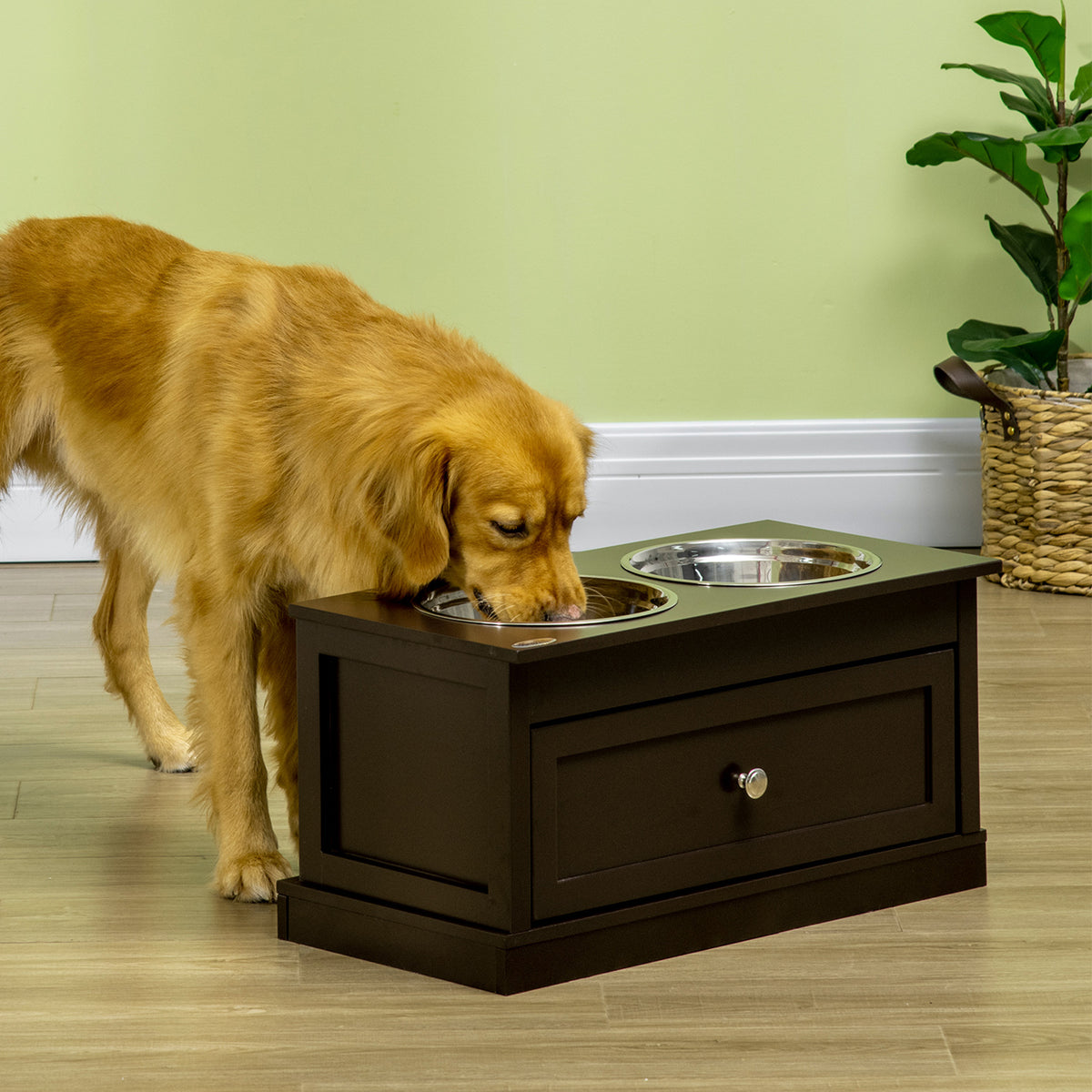 Elevated Dog Food Bowls with Storage Drawer - Large Pet Feeder Stand, Brown