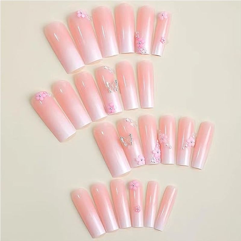 24-Piece Flower Butterfly Press-On Nails - Long Square Pink Fake Nail Set