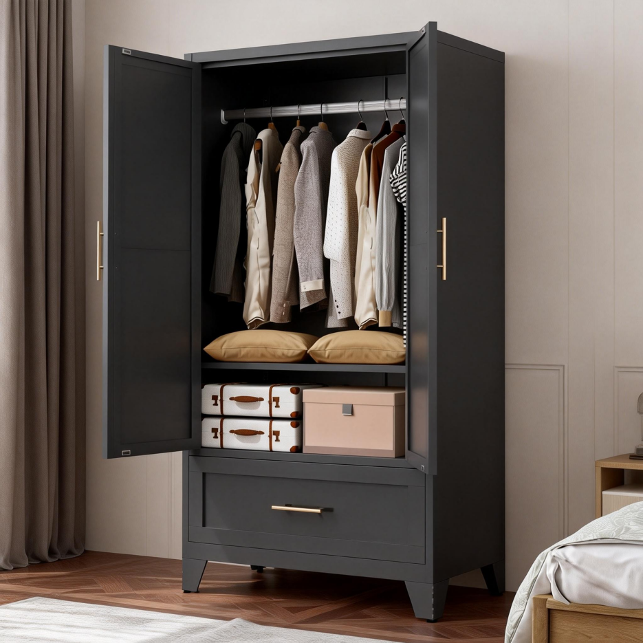 60" Tall Metal Wardrobe Cabinet with Drawer & Hanging Rod - Black