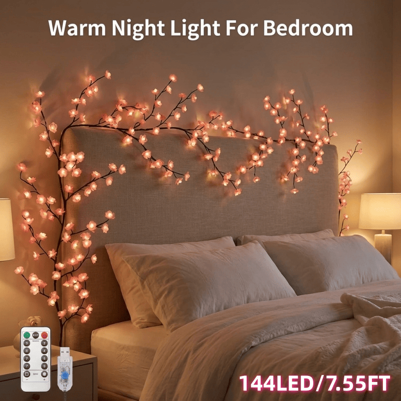 LED Cherry Blossom Wall Lights with Remote - 8 Modes, Flexible Branches, USB Power
