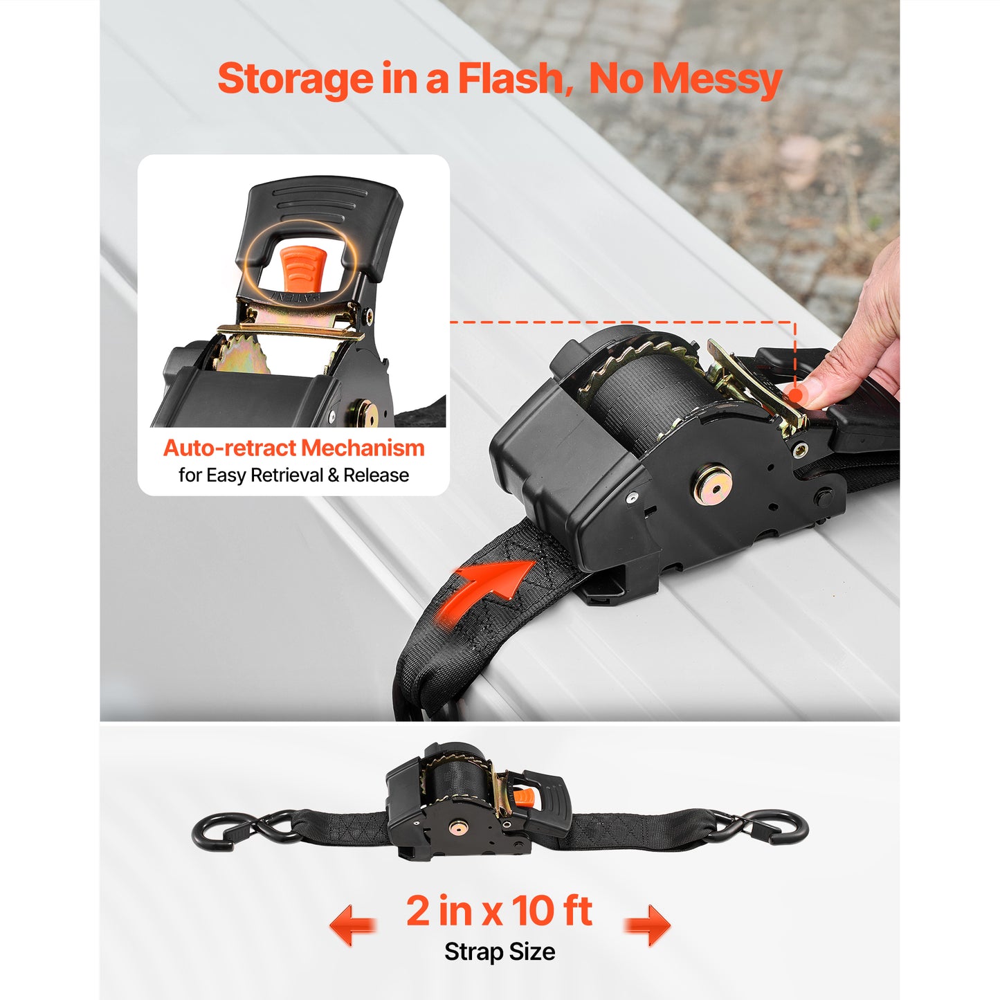 Retractable Ratchet Straps 2 in x 10 ft Tie Down Kit with Hooks, Soft Loops, 3033 lbs Break Strength — 2 Pack