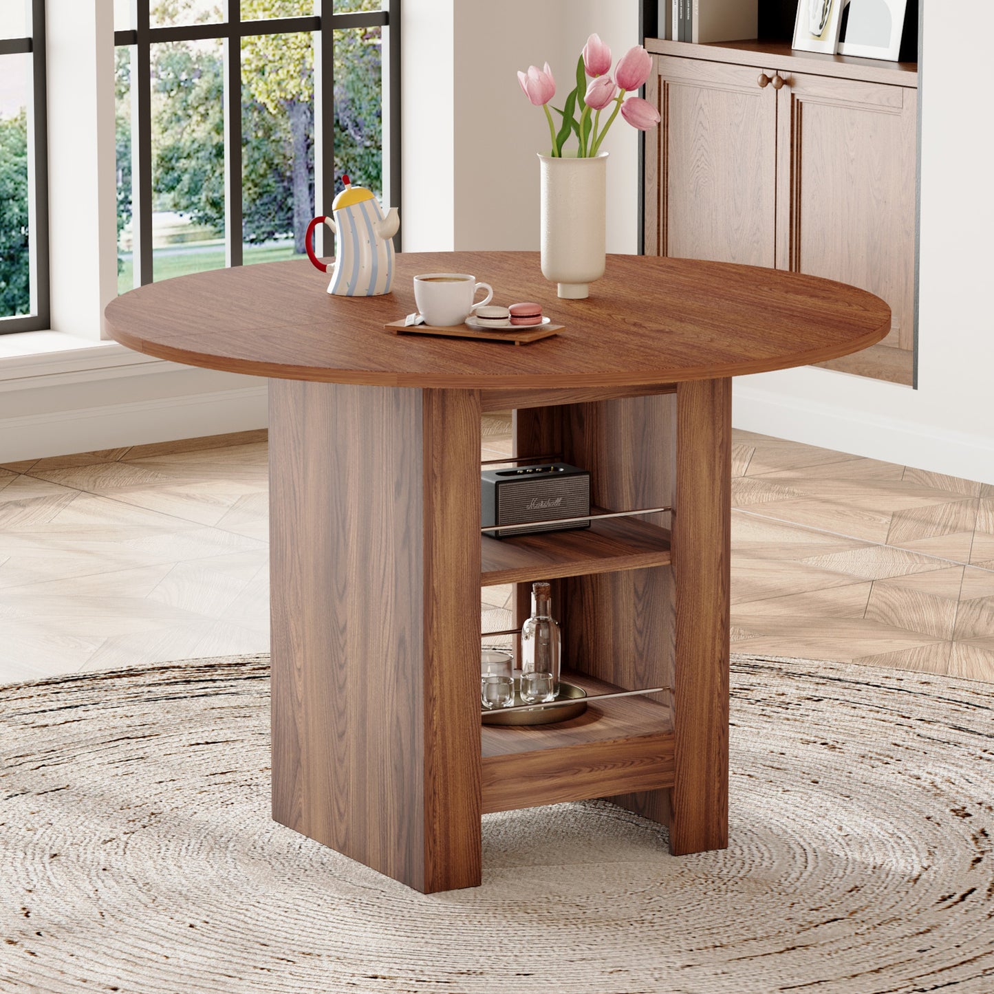 42 Inch Round MDF Walnut Dining Table- 30 Inches High, With