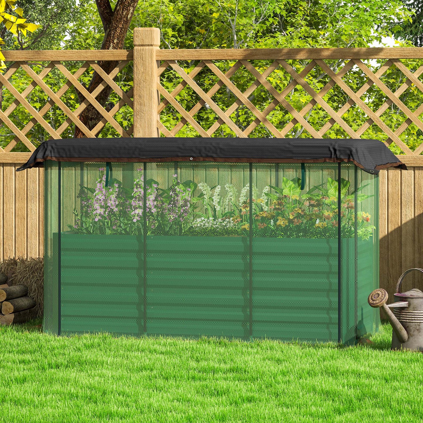 Galvanized Steel Raised Garden Bed with Crop Cage and Shade Cloth - Outdoor Planter Box, Green