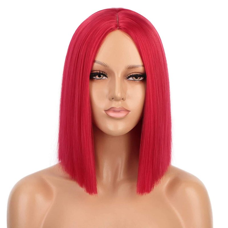 Women's Short Straight Hair Wigs with Bangs - Synthetic Fiber, Multiple Colors