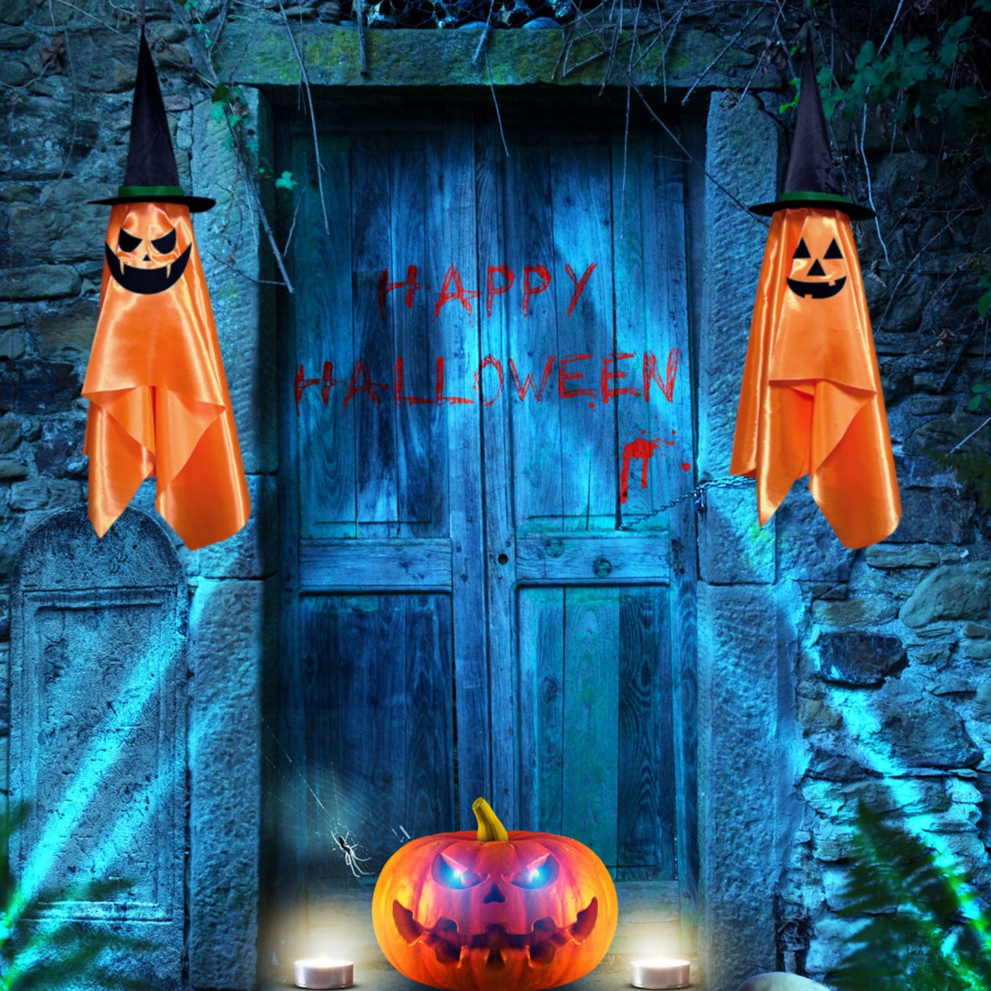 Hanging Ghost Decorations with Pumpkin Wizard Hats - 2Pcs