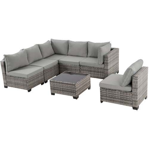7-Piece Outdoor Patio Furniture Set - All-Weather Wicker Sectional with Cushions & Glass Table - Grey