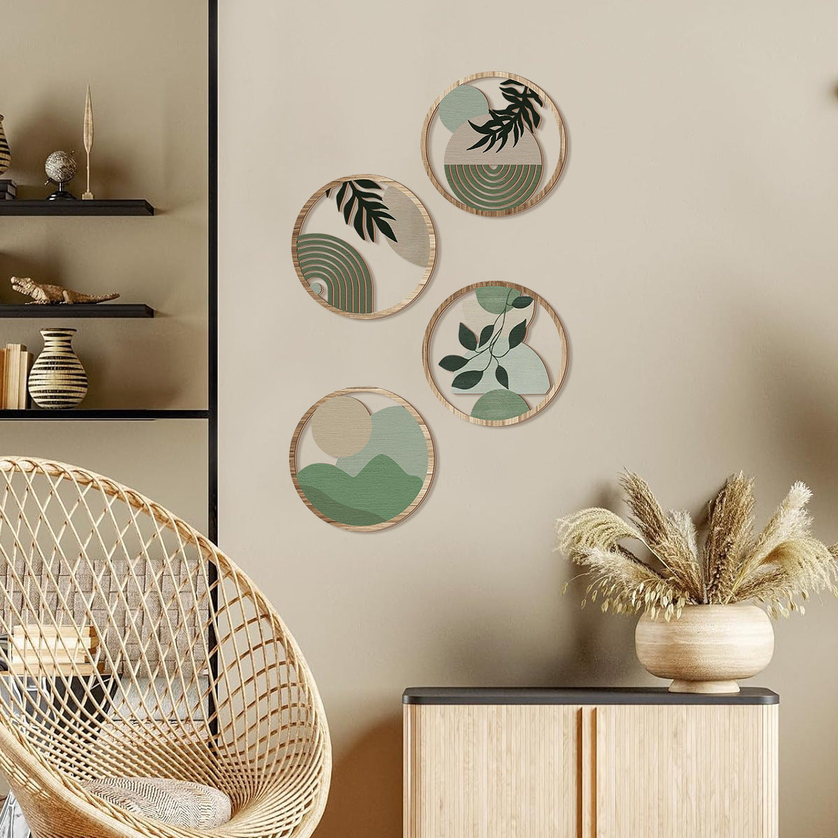 Retro Wooden Leaf Wall Stickers - Multi-Leaf Round Decor Set