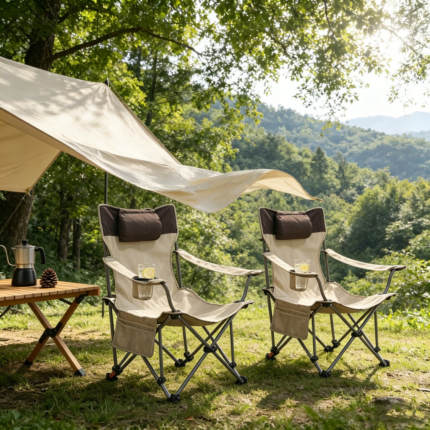 Folding Camping Chairs - Portable Adjustable Reclining with Cup Holder