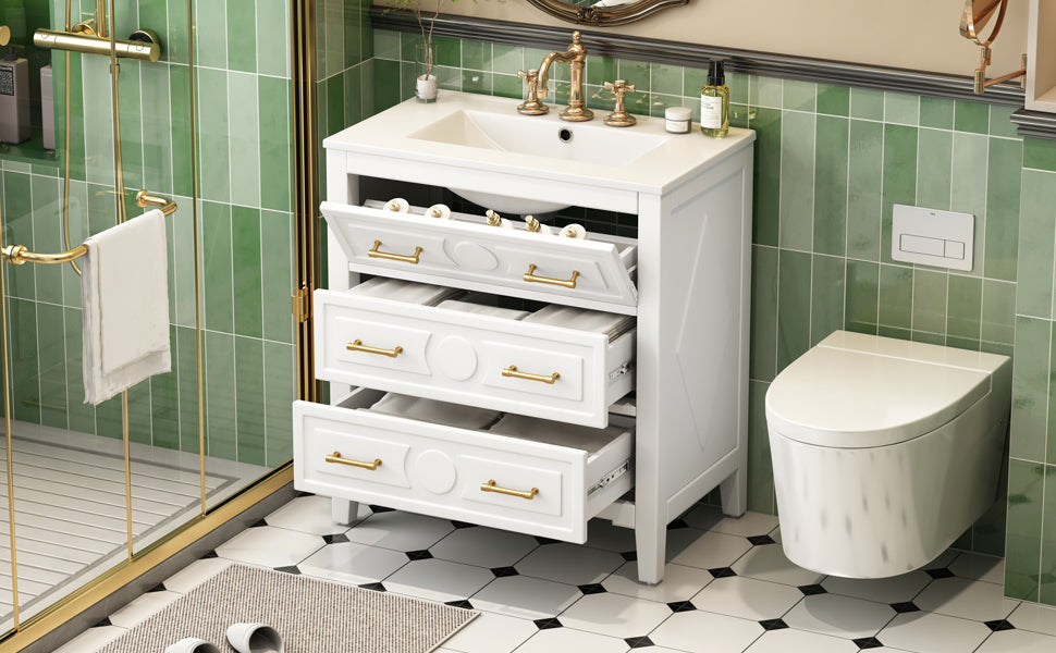 30'' White Bathroom Vanity with Ceramic Sink and 3 Drawers