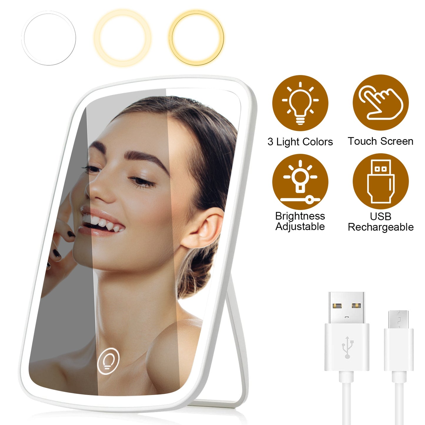 Portable LED Makeup Mirror with 3 Light Colors - Rechargeable Vanity Mirror
