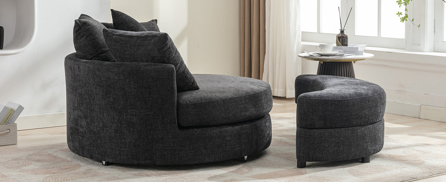 360° Swivel Accent Barrel Chair with Storage Ottoman & 4 Pillows - Gray