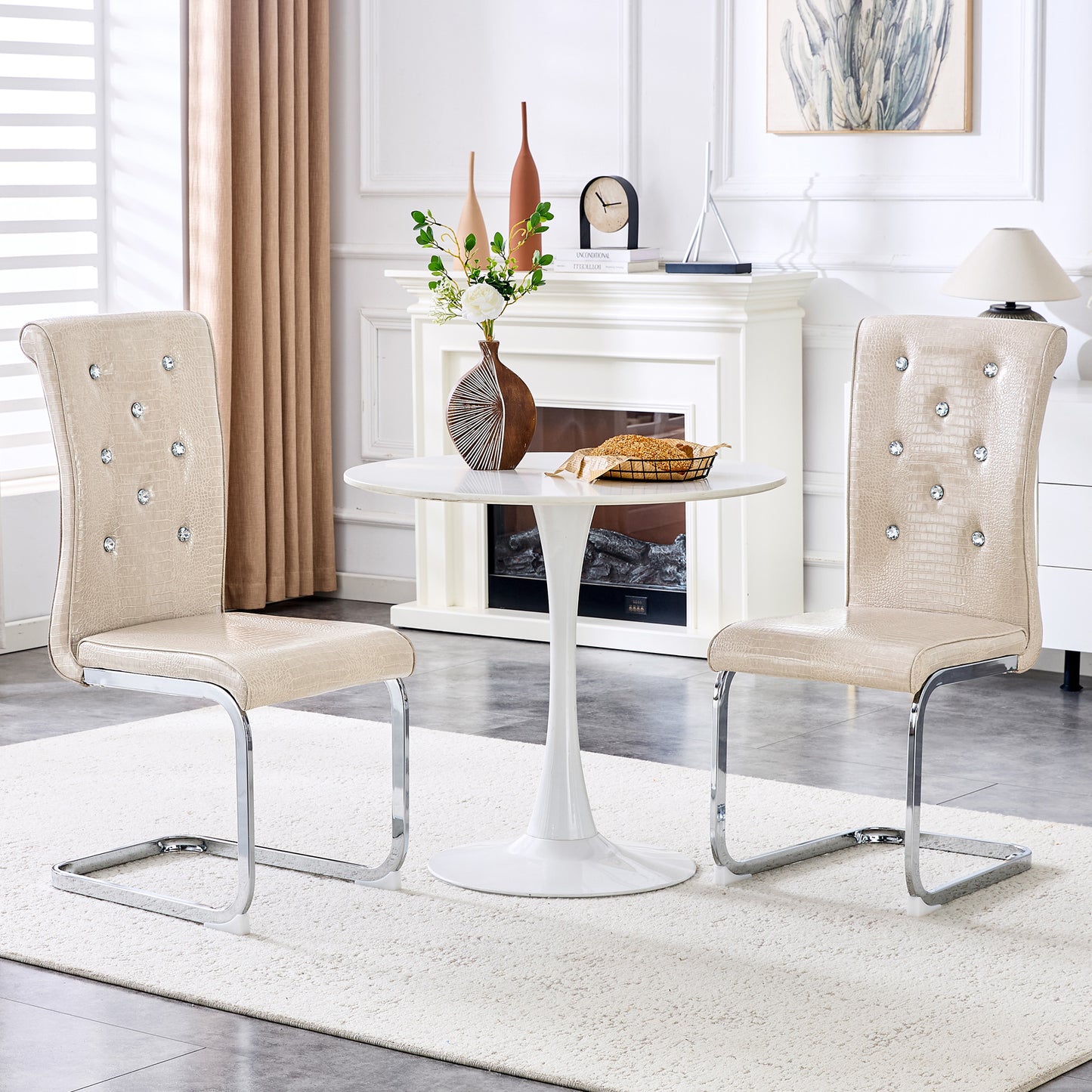 Set Of 2,Retro Alligator Skin Upholstered Dining Chairs,with Crystal