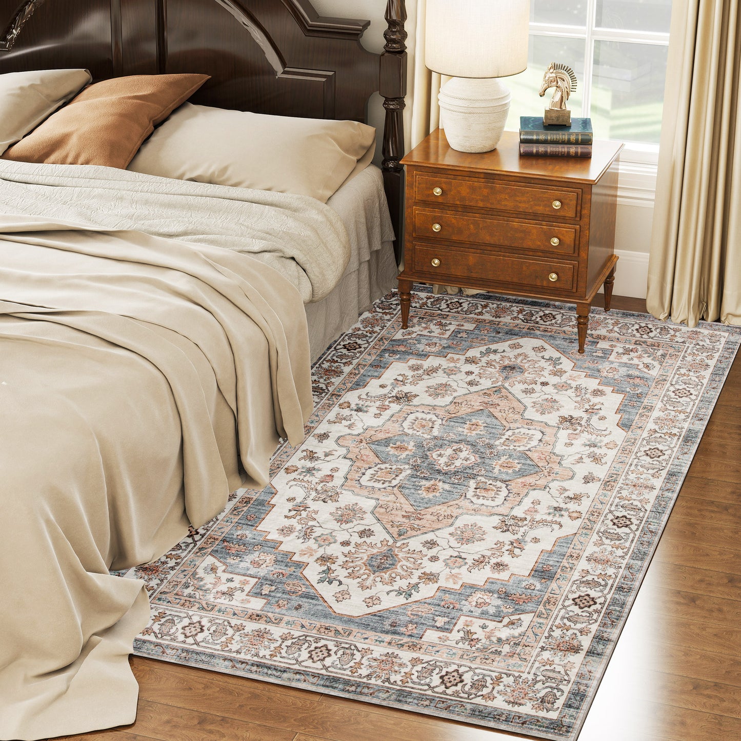 Vintage Machine Washable 4x6 Area Rug - Brown & Light Blue