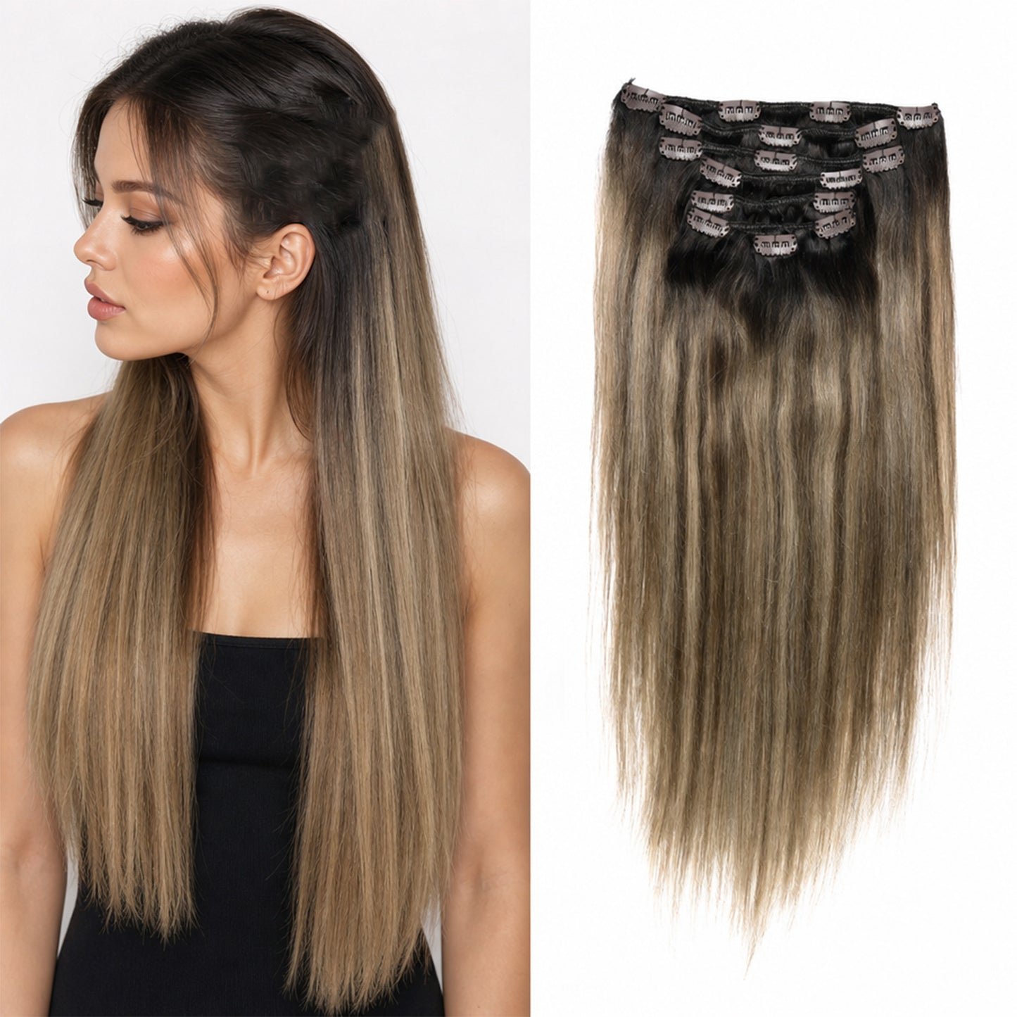 Seven-Piece Human Hair Wig Set for Women - Multiple Colors & Lengths