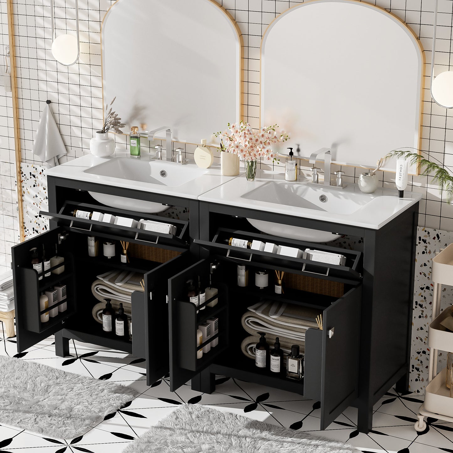 60" Modern Black Bathroom Vanity Set with Double Sinks & Storage