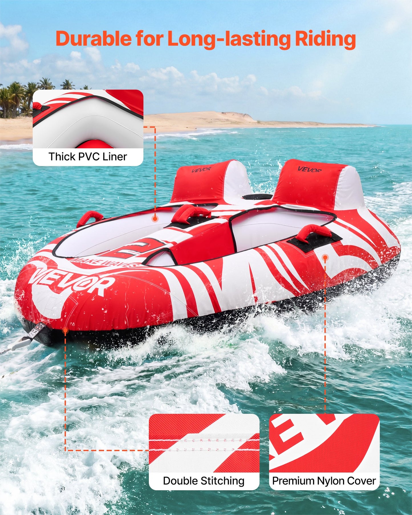 2-Person Inflatable Towable Tube for Boating - Water Sports with Padded Handles