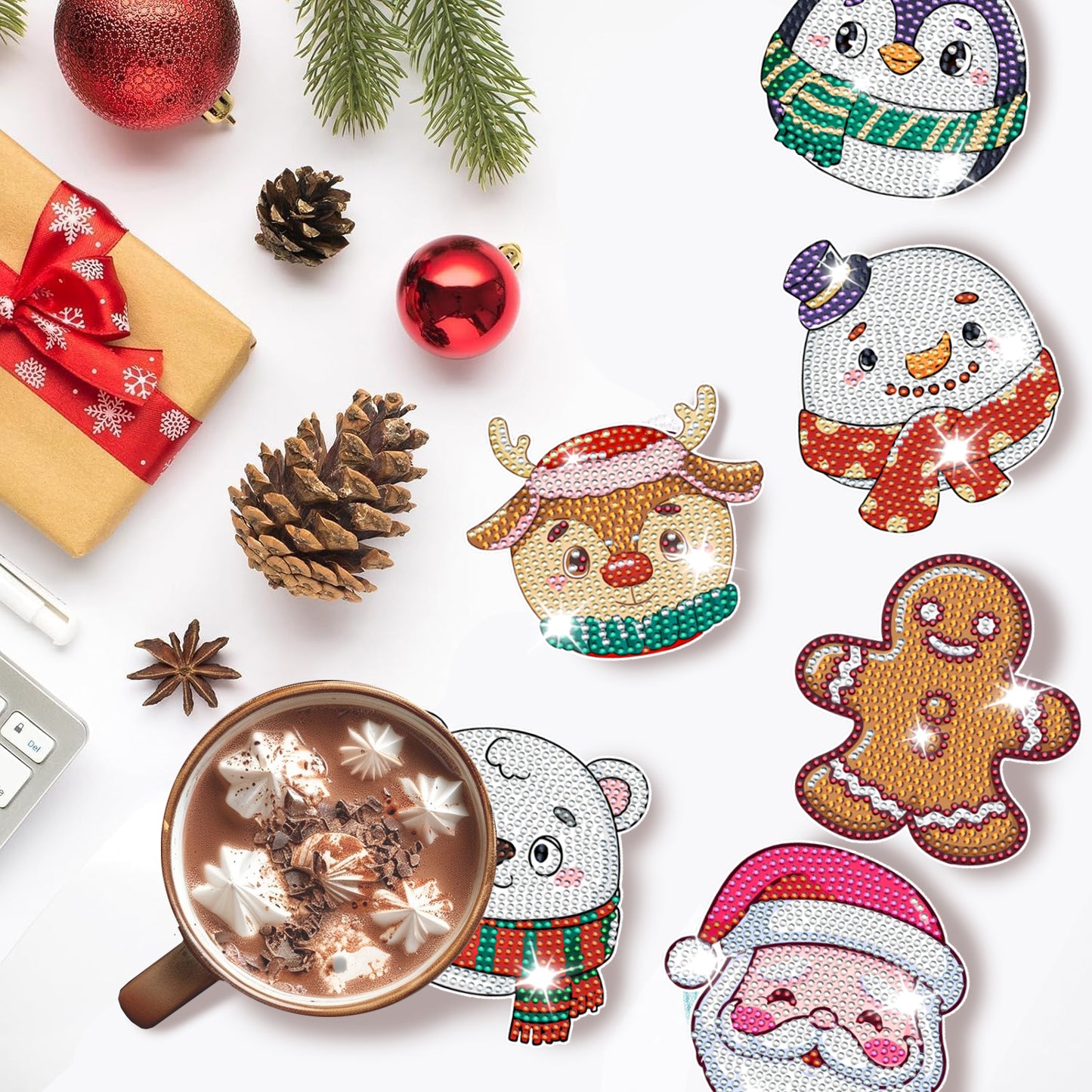 Christmas Rhinestones Art Coasters - 6 Pack Multi-Color Set