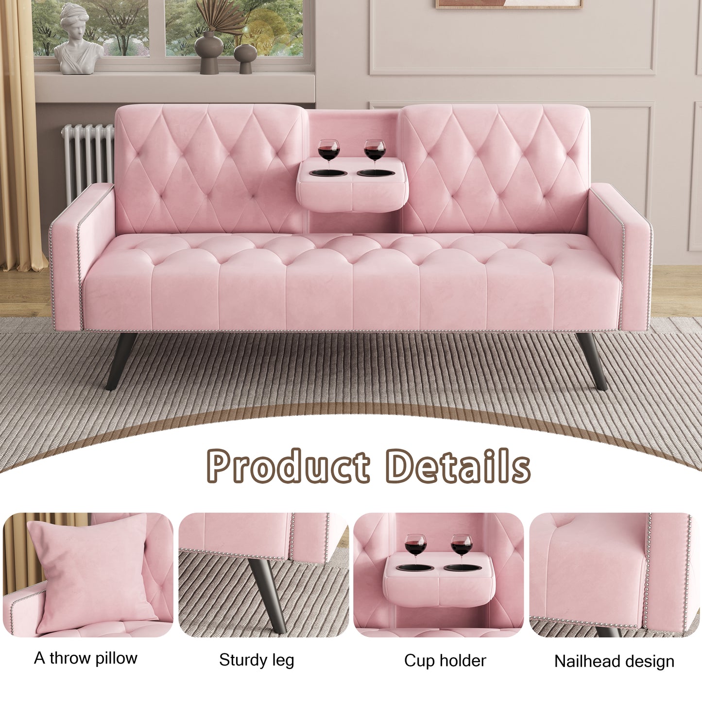 Pink Velvet Sofa Bed with Armrests & Cup Holders - 72"