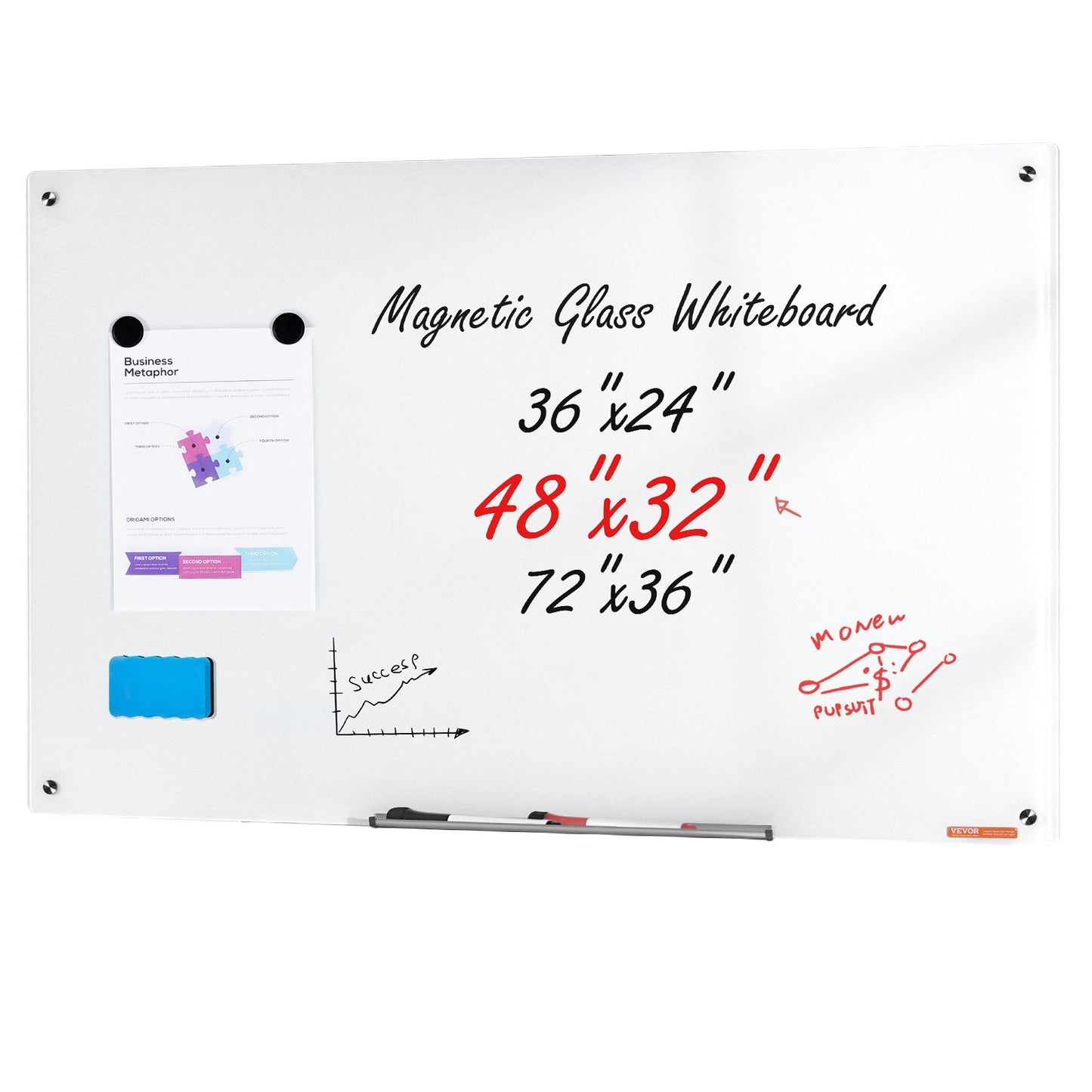 Magnetic Glass Whiteboard 48'x32' - Frameless Dry Erase Board
