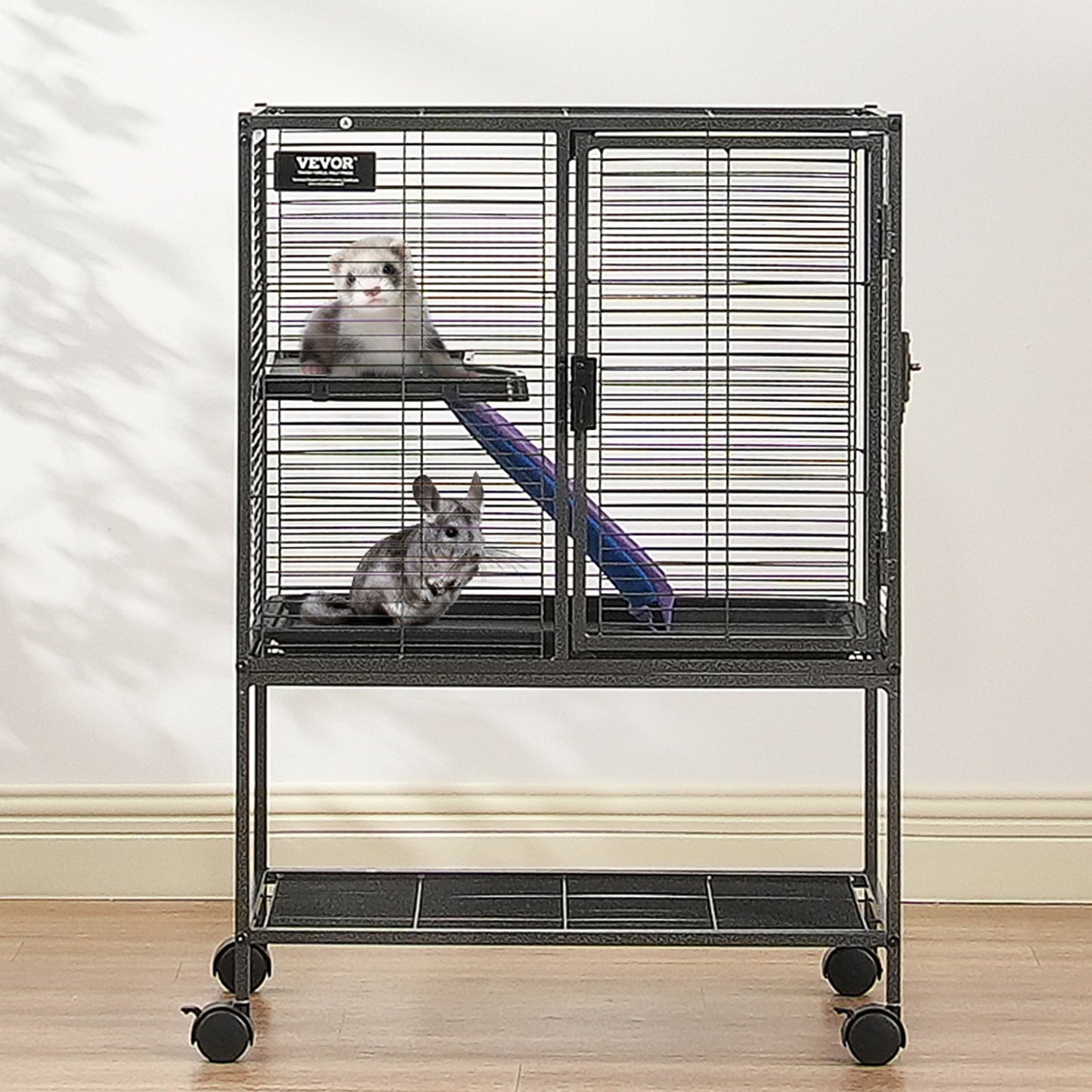 Small Animal Cage 2-Tier Rolling Ferret Enclosure with Tray and Ramp - Black