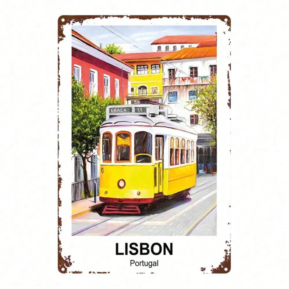 Vintage Lisbon Portugal Yellow Tram Metal Sign - 8x12 Inch Wall Art