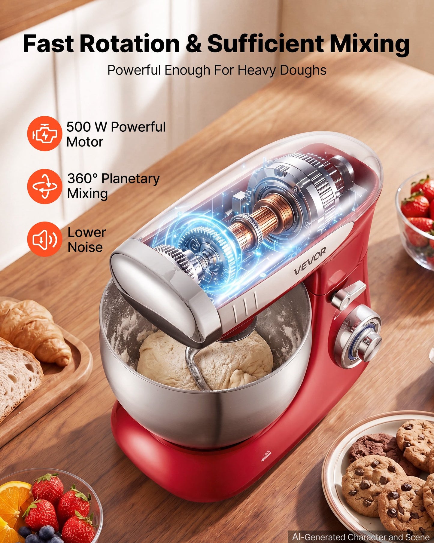 7.4 Qt Tilt Head Stand Mixer 500W Electric Food Mixer with Stainless Steel Bowl
