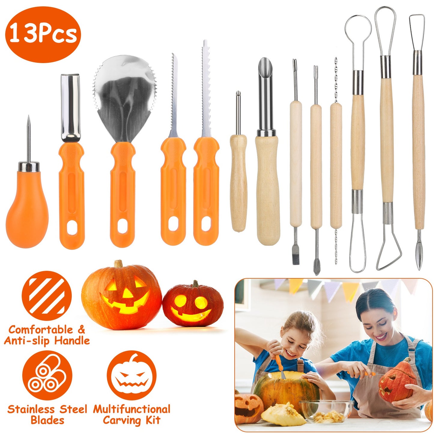 13-Piece Pumpkin Carving Kit - Stainless Steel Tools for Halloween