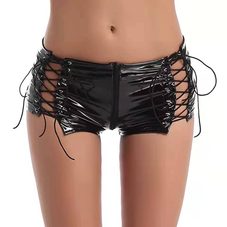 Women's High Shine PVC Patent Leather Zip Shorts - Black, Multiple Sizes