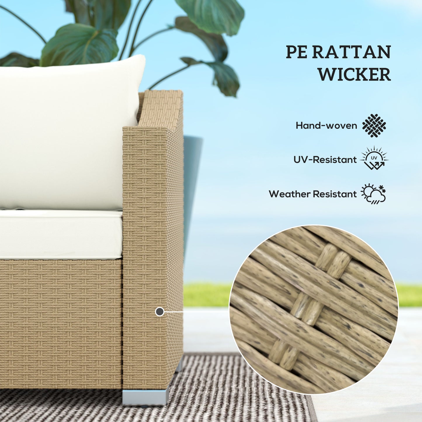 Cream White Rattan 3-Seater Patio Sofa with Cushions & Pillows