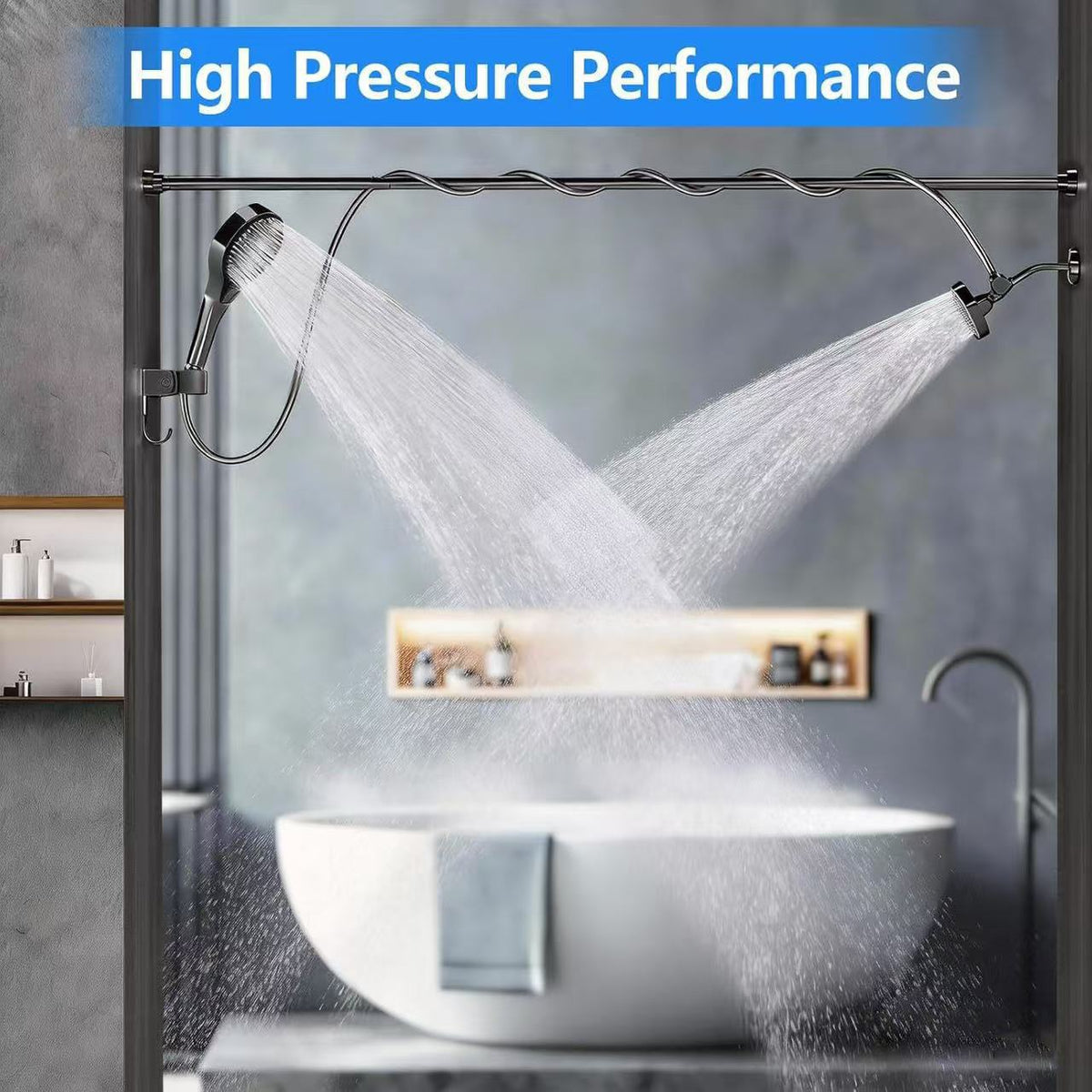 Dual-Head Pressurized Shower with Multi-Function Handheld Sprayer - Elegant Black