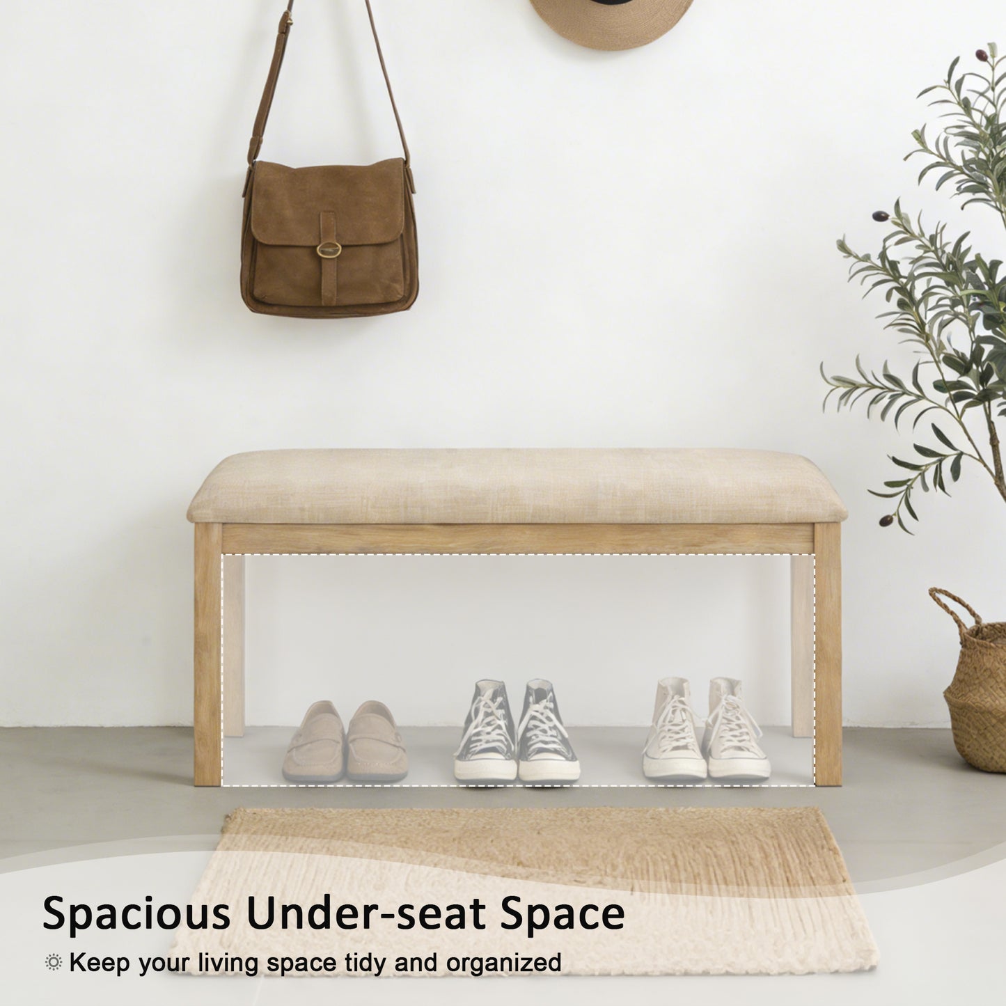 38-Inch Upholstered Dining Bench with Solid Wood Legs - Light Oak & Beige