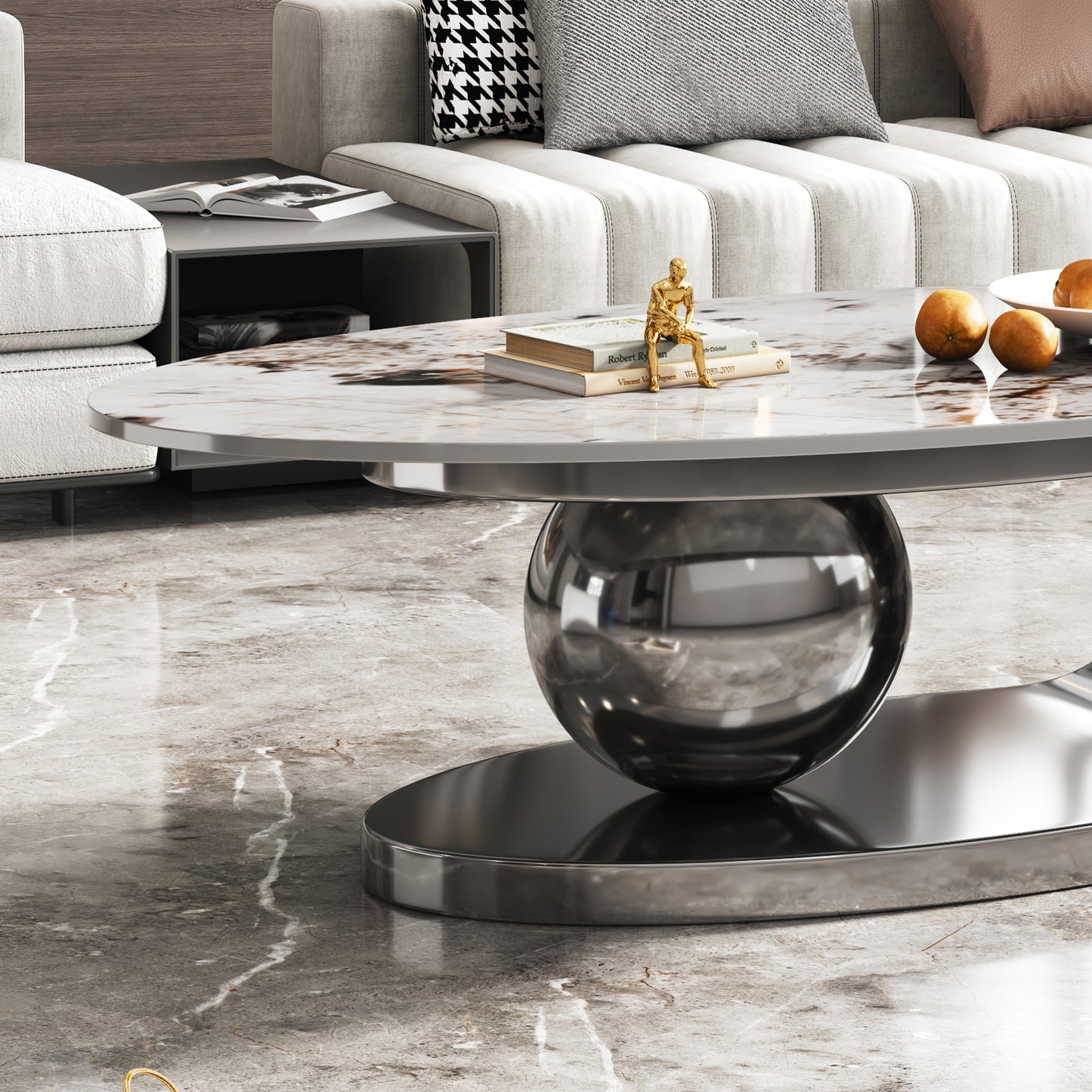 Oval Faux Marble Coffee Table with Stainless Steel Base - Gray White Multi