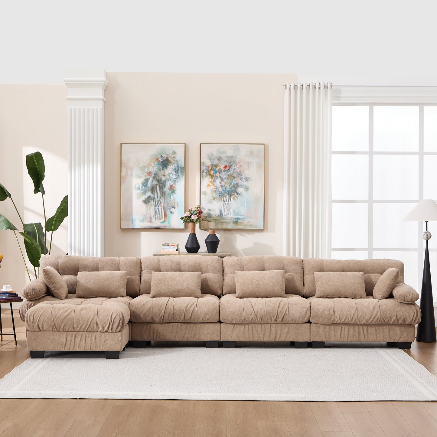 Deep Seat Modular Sectional Sofa - Light Brown, 4-Seater