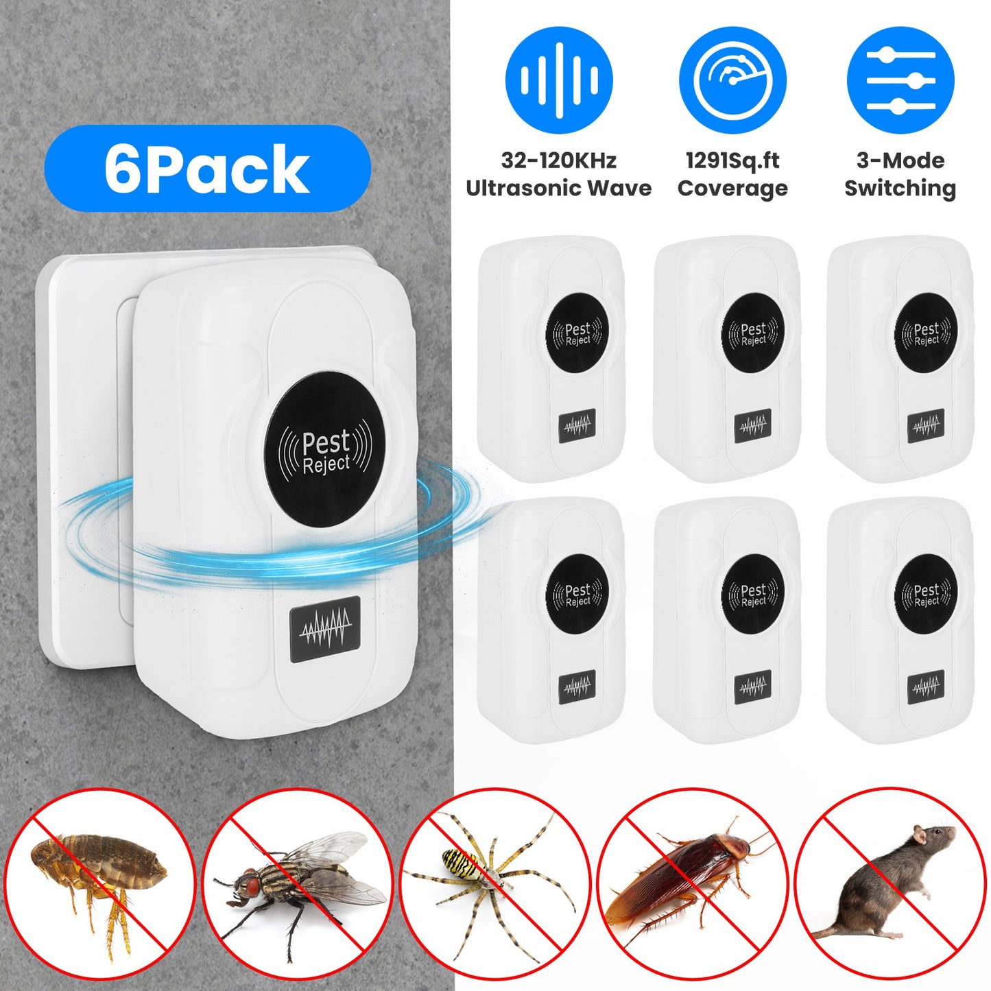 Ultrasonic Insect Repellent - 6 Pack, 32-120KHz Bug Control
