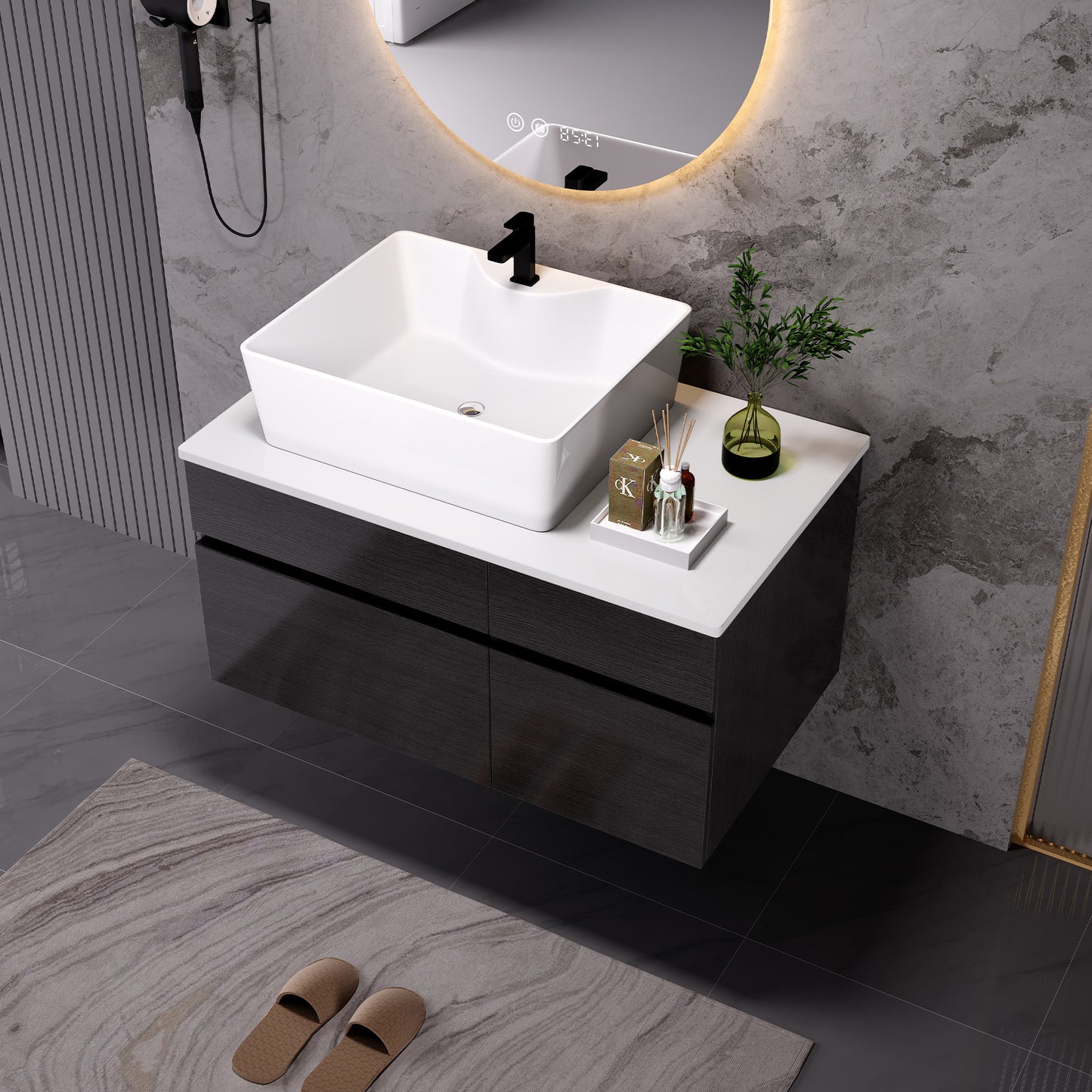 Floating Bathroom Vanity with Sink - 31.5 Inches, Black/White