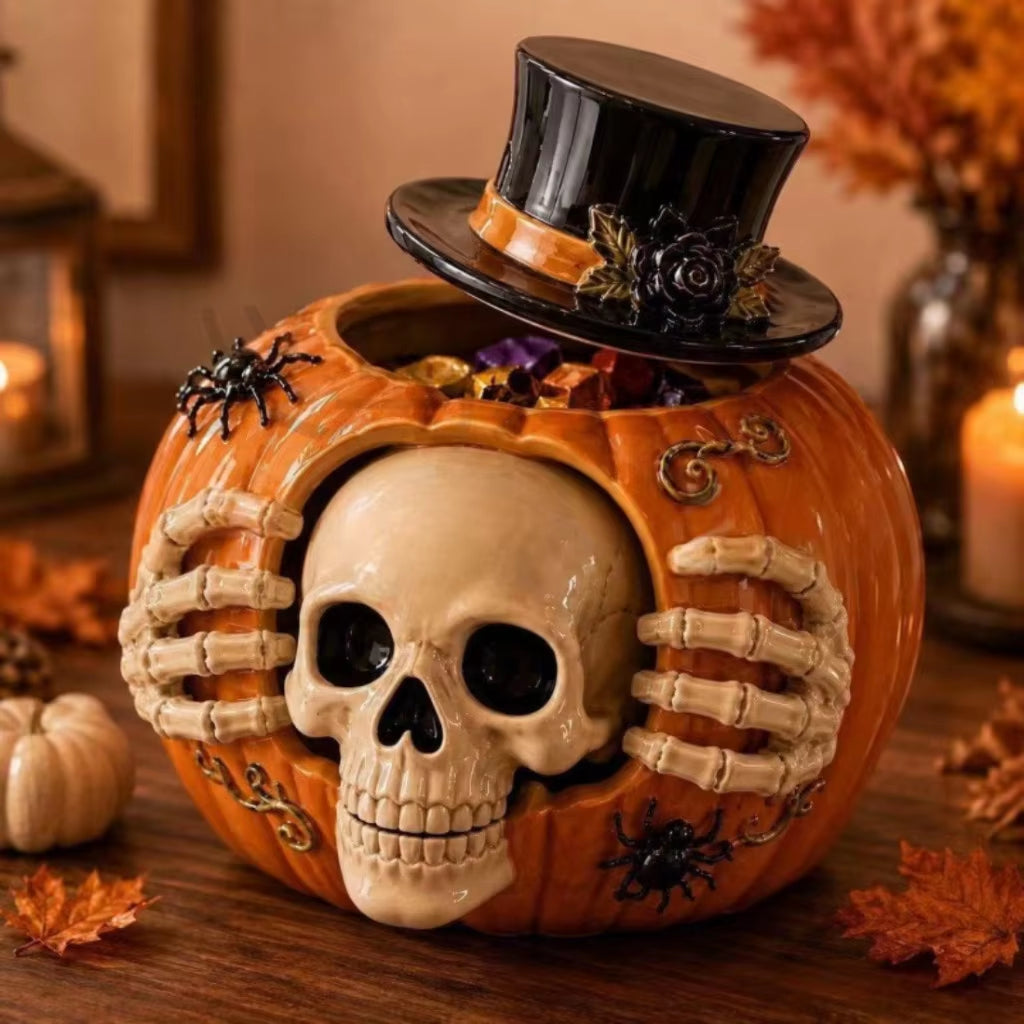 Halloween Skull and Pumpkin Candy Jar - Orange Resin Home Storage