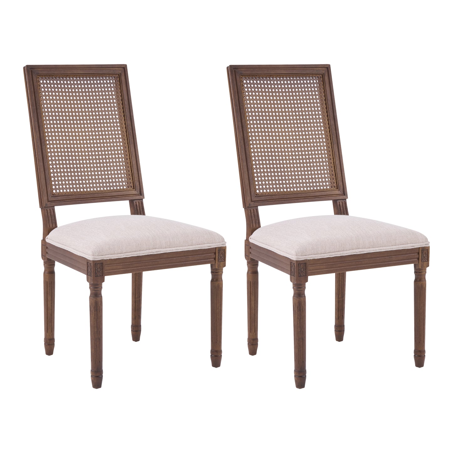 French Country Dining Chairs - Upholstered Cane Backrest - Set of 2