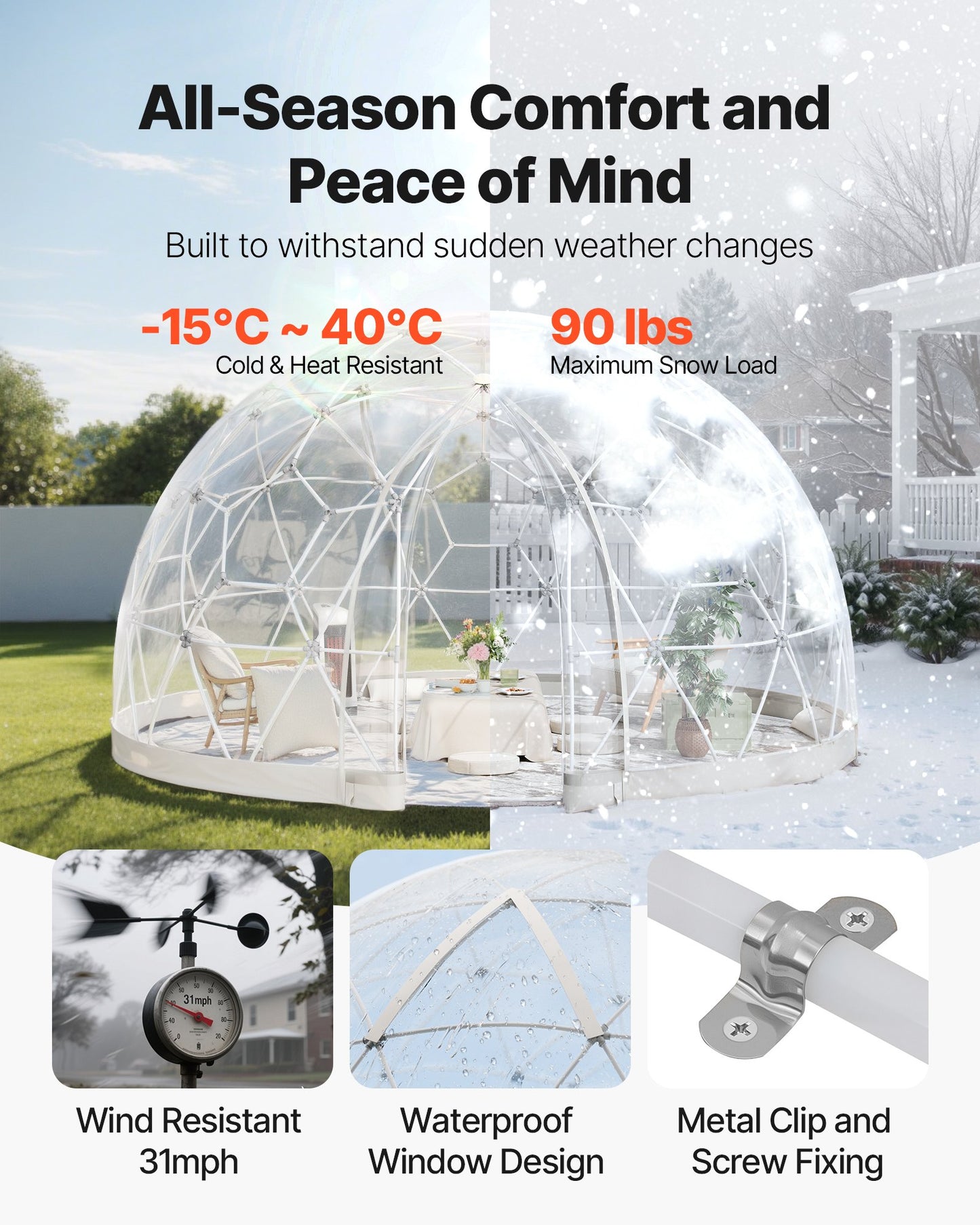 Garden Bubble Tent for 4-7 People - Clear Geodesic Dome, 12x7.2 ft