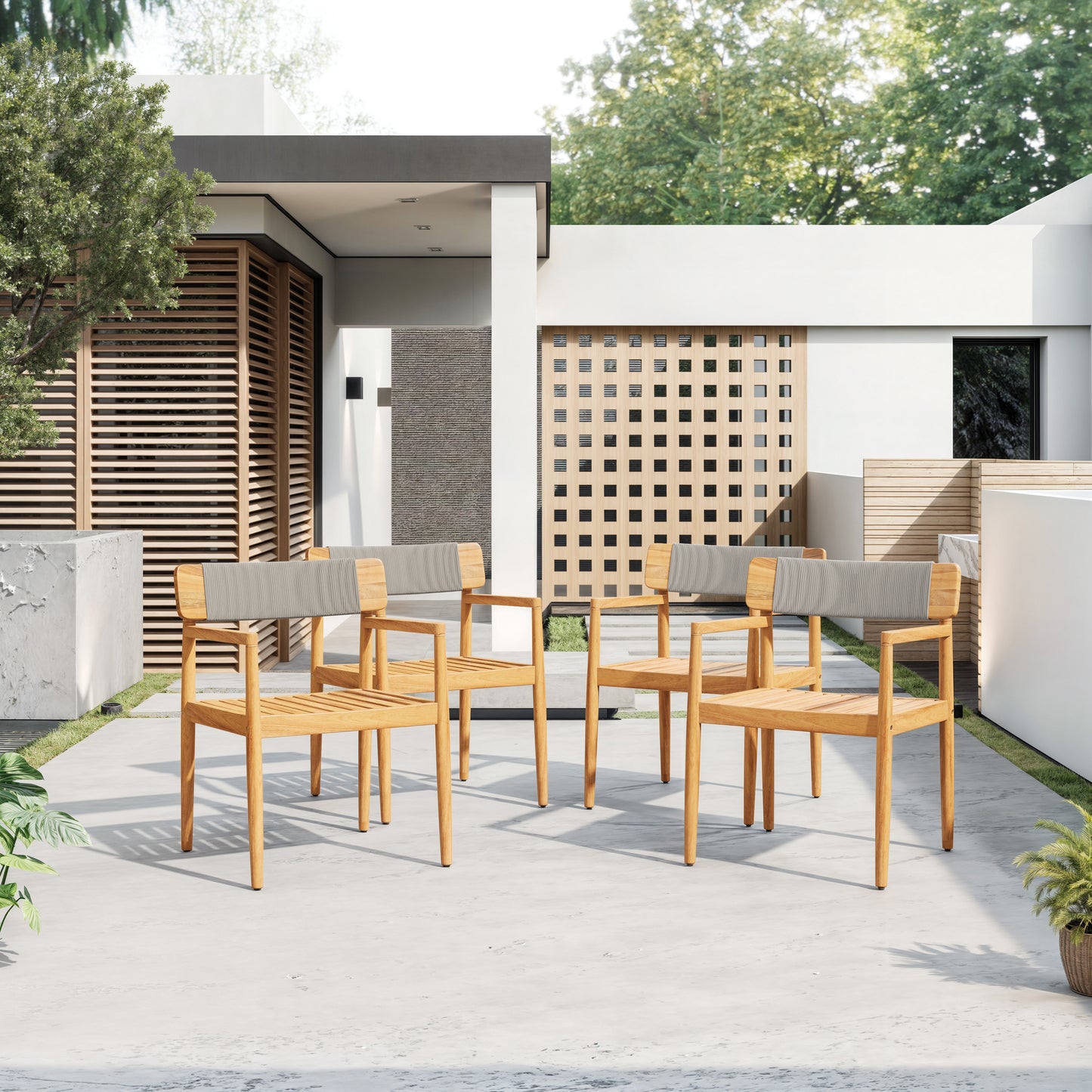 CREATIVE BRAIDED ACACIA WOOD OUTDOOR DINING CHAIRS WITH ARMRESTS,