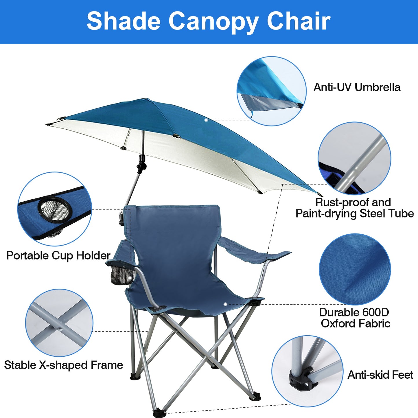 Foldable Beach Chair with Canopy and Cup Holder - Multiple Colors