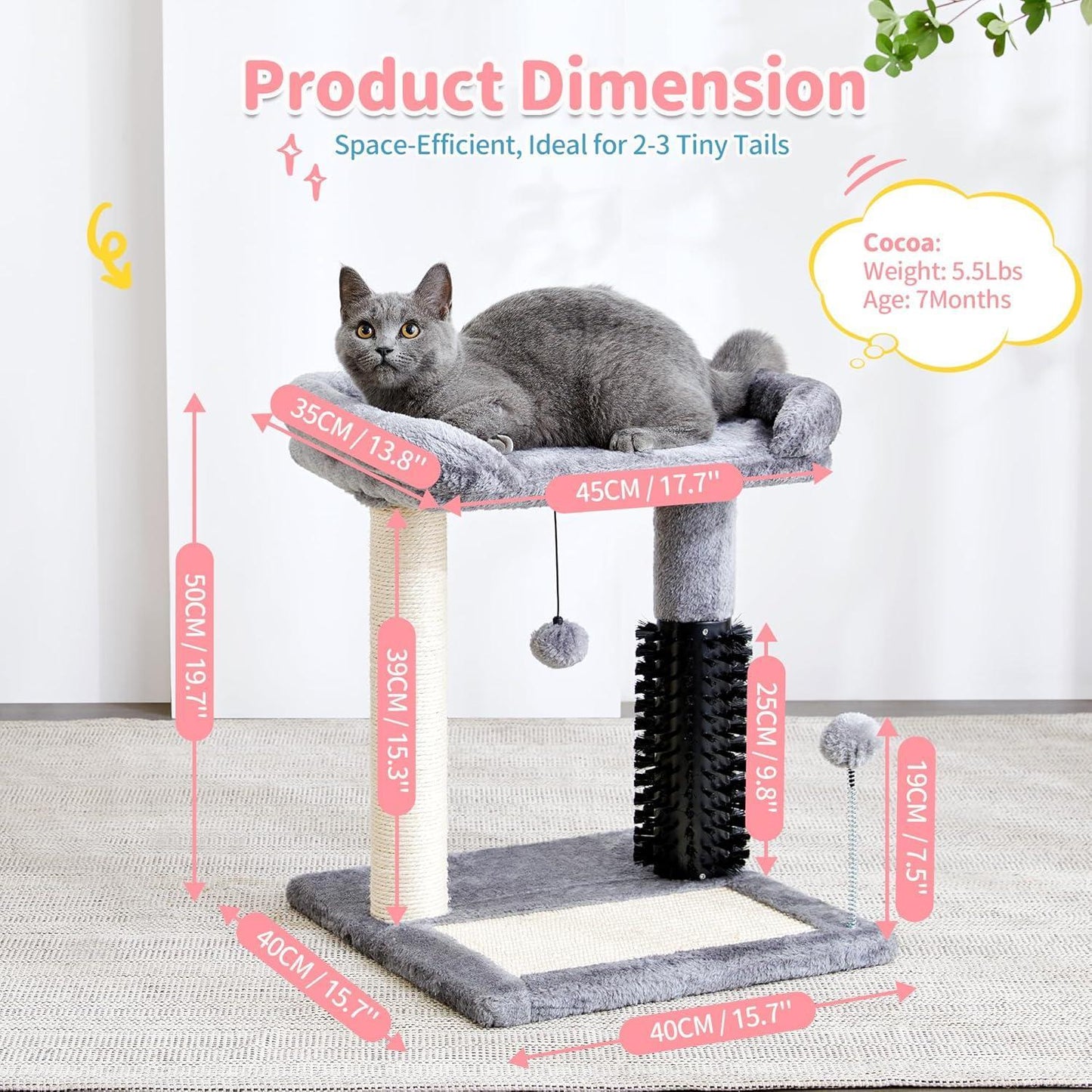 Small 4-in-1 Cat Tree Tower with Self-Grooming Brush & Sisalg Scratching Post - Grey