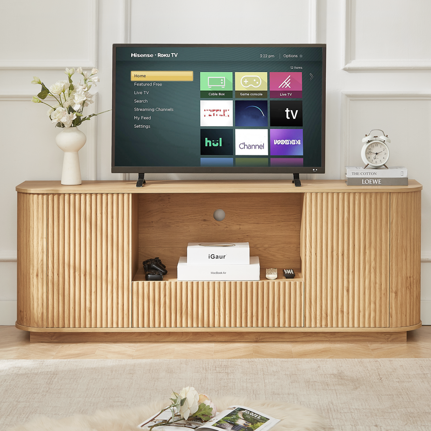 64-Inch Wavy TV Stand, Rounded Sideboard, Storage Cabinet, Wooden