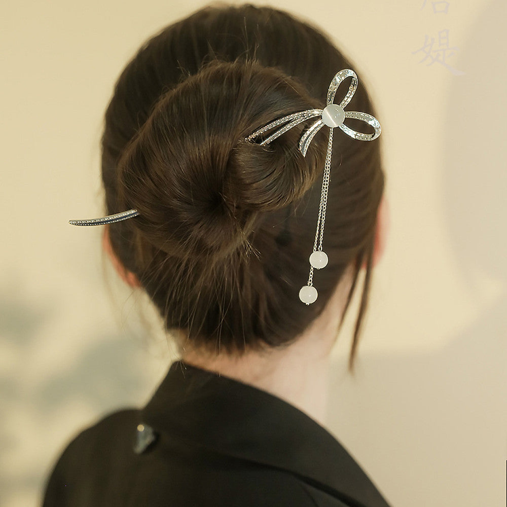 Elegant Bow Hairpin with Crystal Accent - Modern Hair Accessory