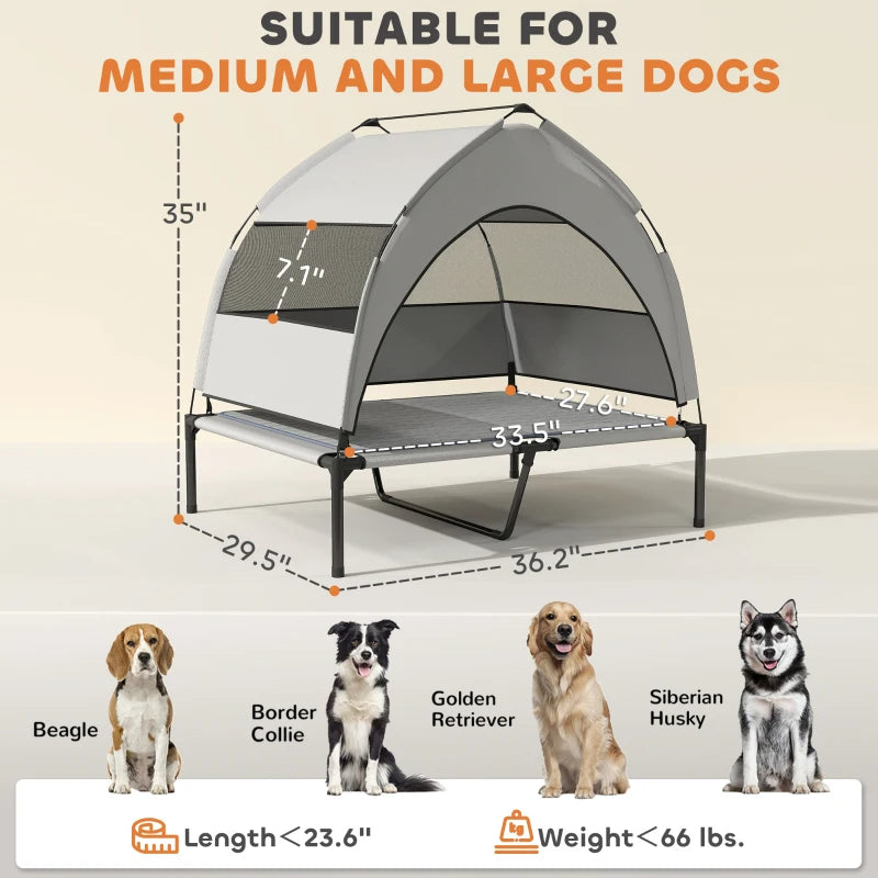 Outdoor Elevated Dog Bed with Canopy and Cooling Pad - Portable Waterproof Pet Cot