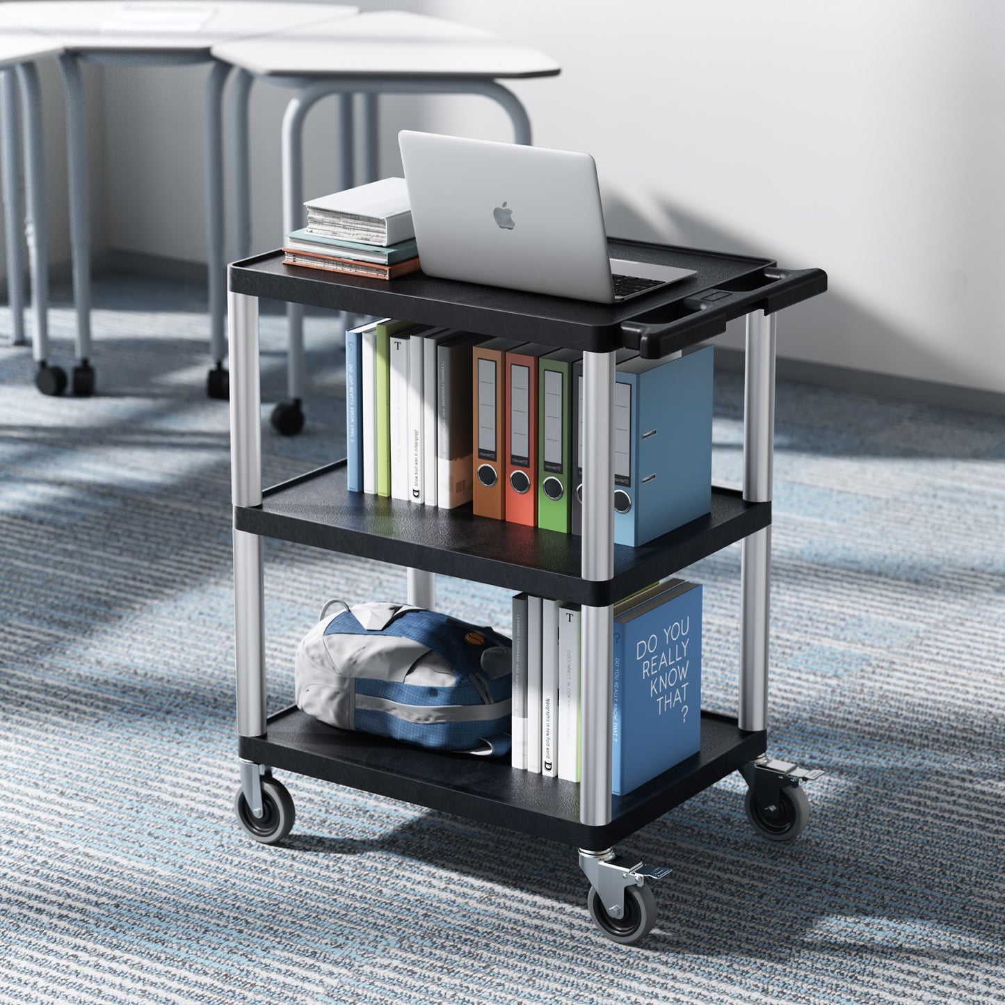 Heavy Duty 3-Shelf Utility Cart with Lockable Casters - 300 Lbs Capacity, Black