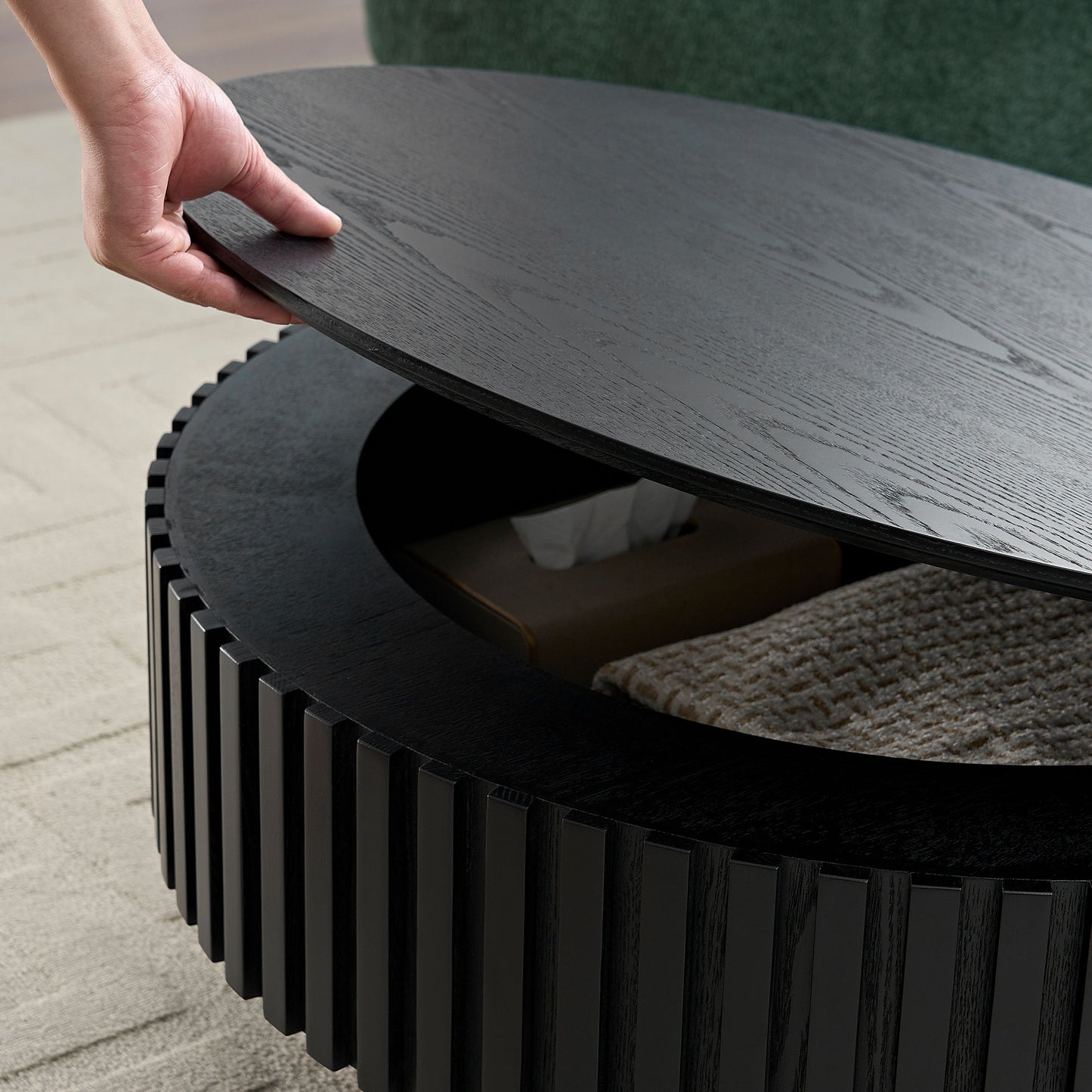 Nesting Round Wood Coffee Table with Storage - Matt Black