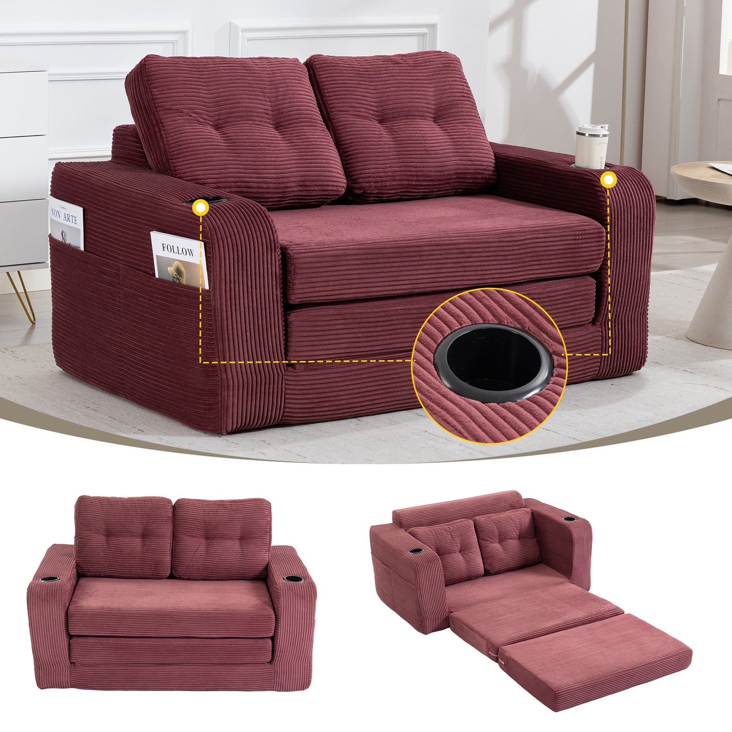 Convertible Sofa Bed - Expandable 2-in-1 Floor Couch with Pillows, Wine Red