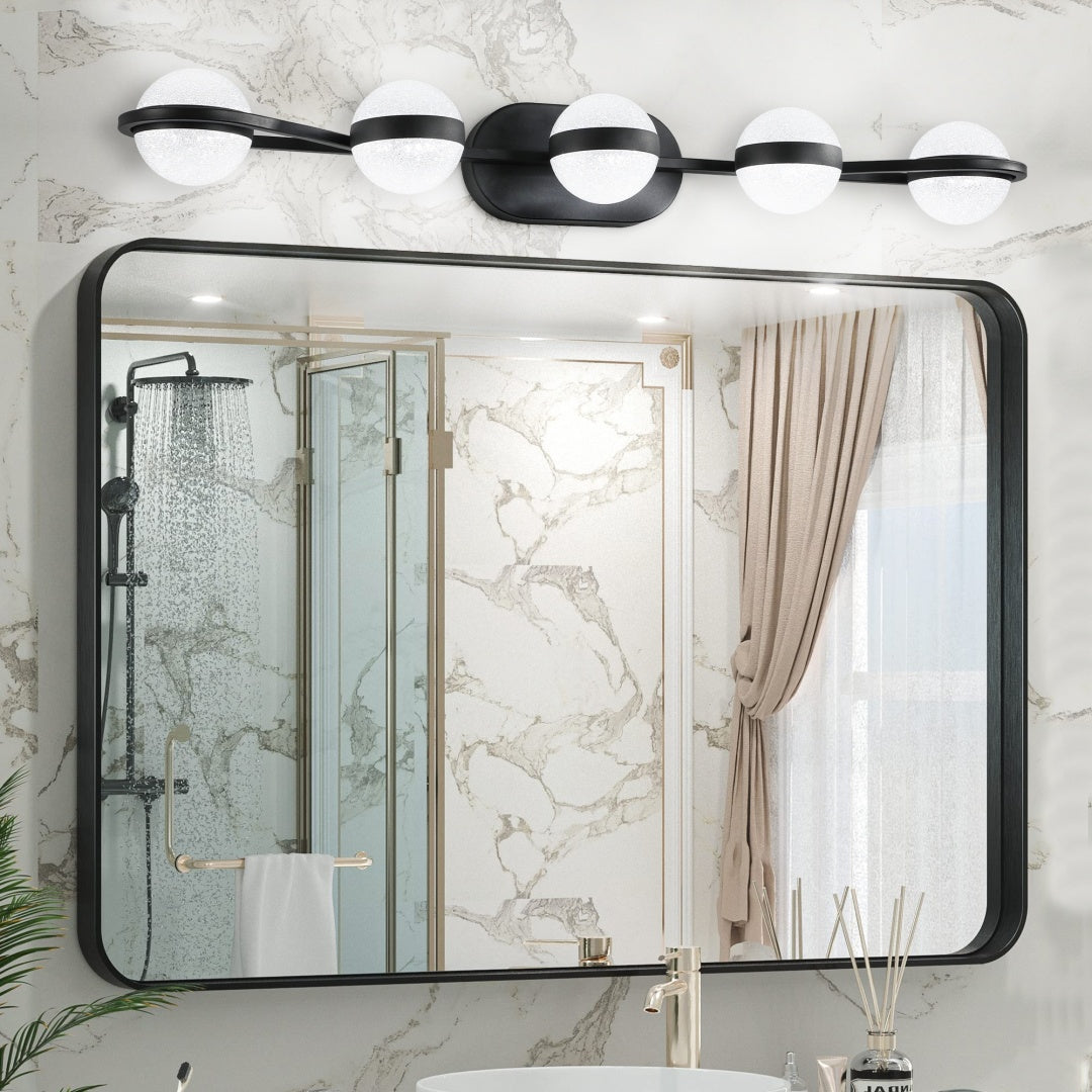 Modern Black 5-Bulb Bathroom Vanity Light with Frosted Glass Shades