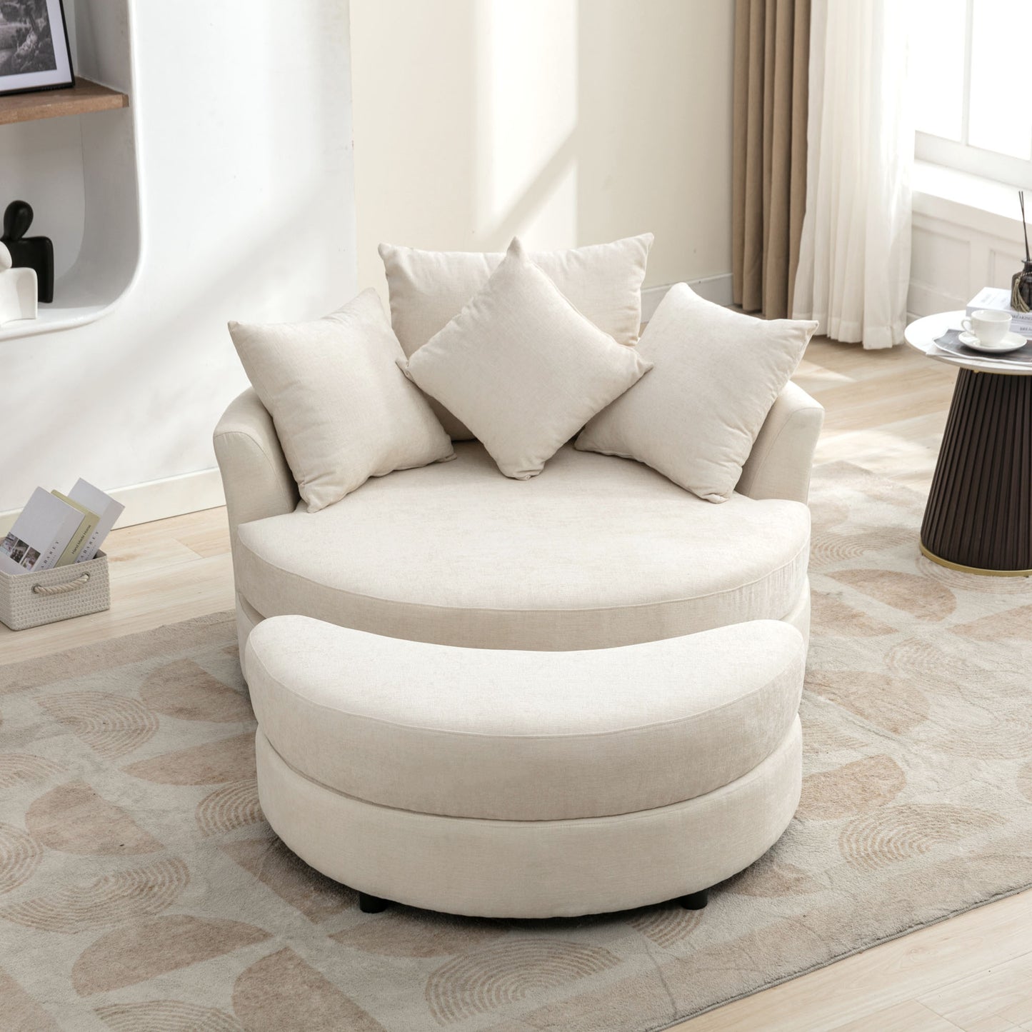 360° Swivel Accent Barrel Chair with Storage Ottoman & 4 Pillows - Cream