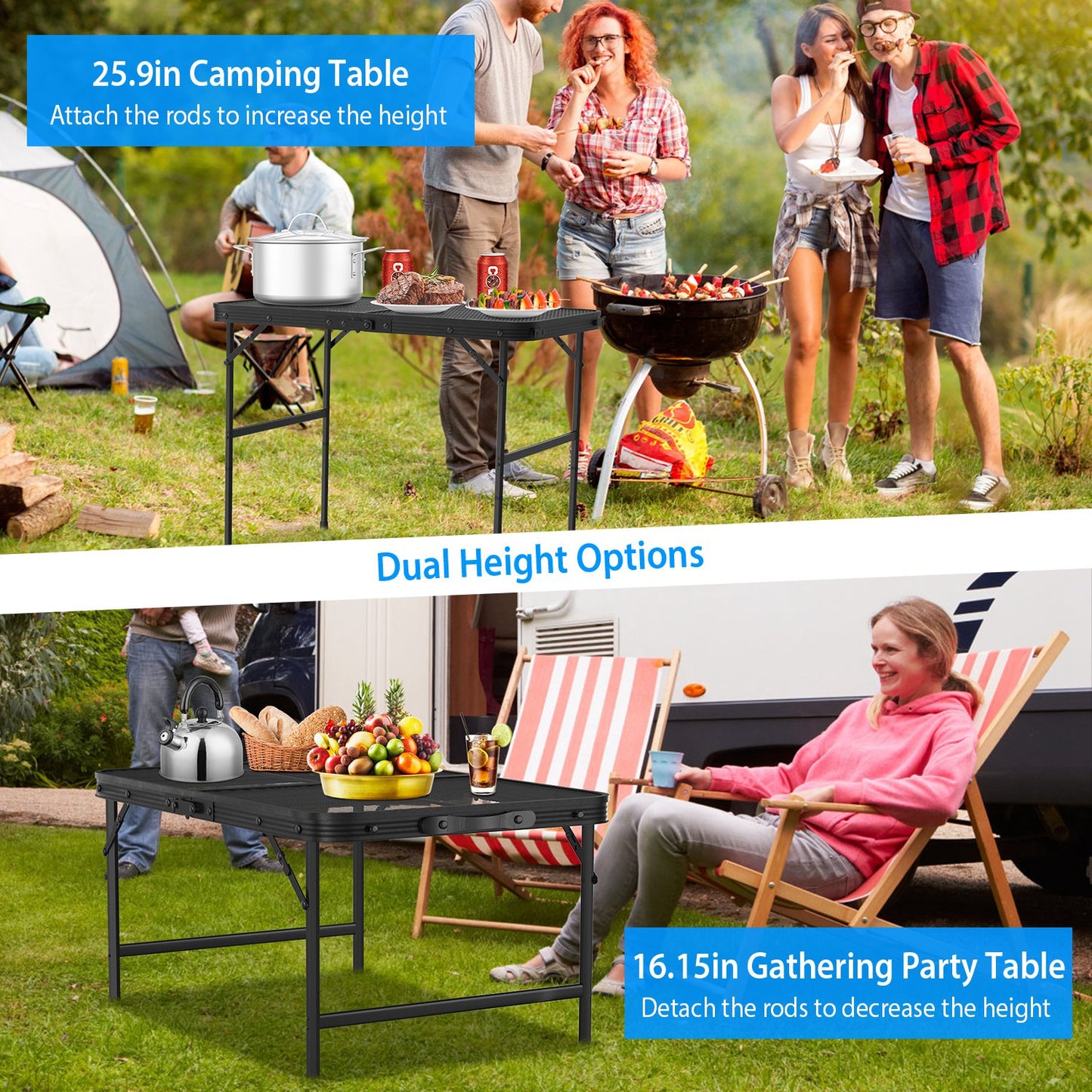 Foldable Camping Table - Adjustable Height, 88lbs Capacity